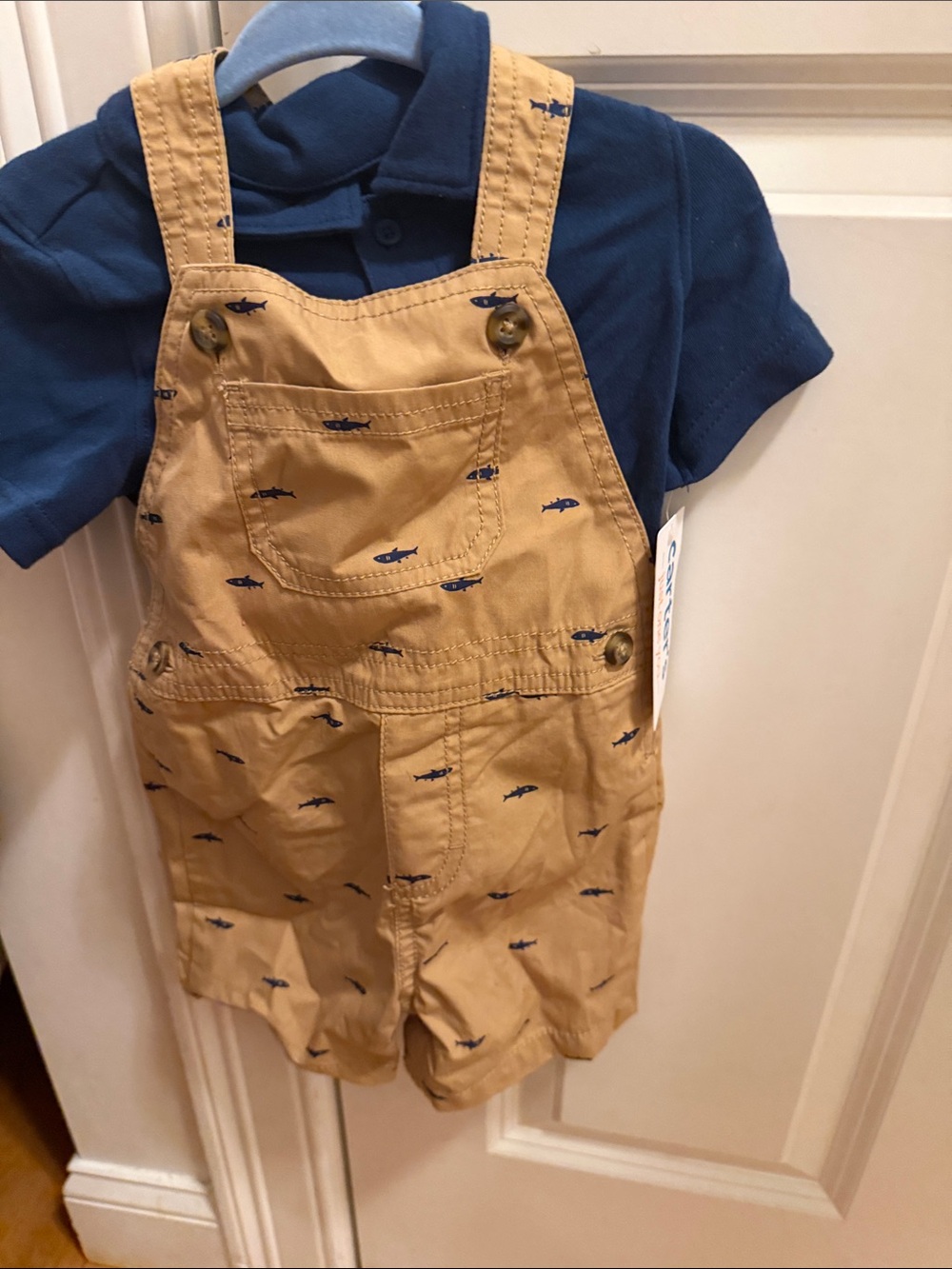 Carter's Tan Shortall Overalls with Navy Shark Print